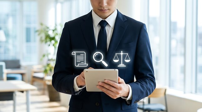 Businessman holding tablet with legal suit