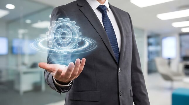 Businessman interacting with holographic gear suit
