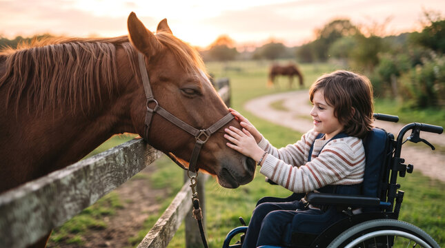 Young Child in Wheelchair Petting Brown Horse at Farm Sunset