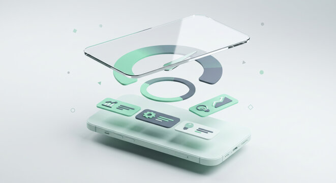 Floating phone and card icons: score meter, credit mix view, age of accounts, inquiries log and soft/hard pull info.