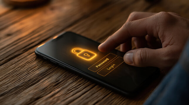 Hand touching smartphone lock screen for secure online login and password protection against cyber threat