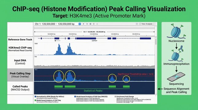 ChIP-seq peak calling visualization of H3K4me3 histone modification data on genome browser.