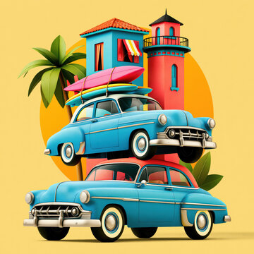 Vintage car and surfboard near colorful lighthouse during summer vacation, palm tree and seaside building evoke cheerful coastal travel adventure