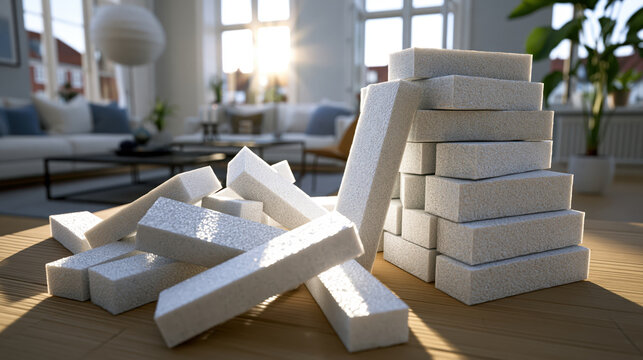 Styrofoam cushioning material pile and stacked block on wooden table in bright modern interior with sunlight