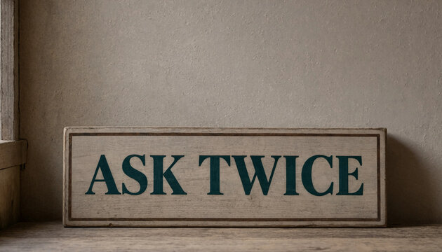 Ask twice wooden sign on shelf against textured wall for decision making concept