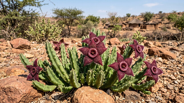 Star shaped maroon stapelia flower blooming among rugged arid rocks in a dry african desert landscape