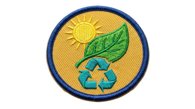 Green tree icon with mountain background in badge style isolated on transparent background