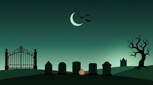 Halloween graveyard scene with iron gate tombstones and crescent moon spooky night halloween background halloween party creepy tree halloween graveyard pumpkins tombstones cemetery seasonal