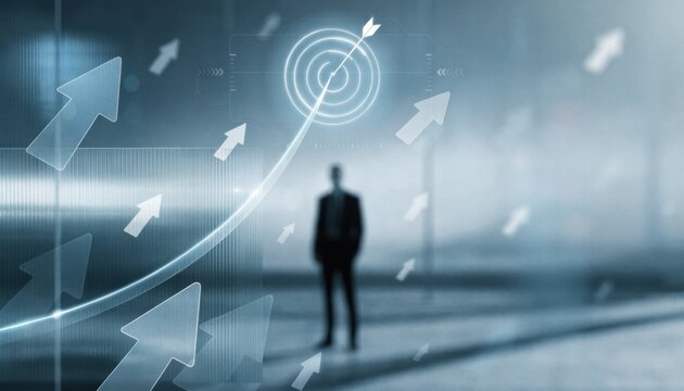 Businessman looking at a target with upward arrows symbolizing growth