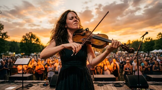 Violinist performing on outdoor stage during sunset concert