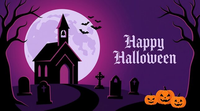 Happy halloween spooky background with graveyard church full moon bats and carved pumpkins spooky night haunted church flying bats creepy landscape purple night jack olantern dead tree
