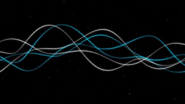 Abstract background with looping blue and white light waves moving smoothly across black night sky.