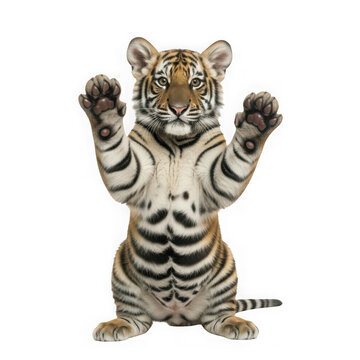 Cute little tiger cub standing with paws up