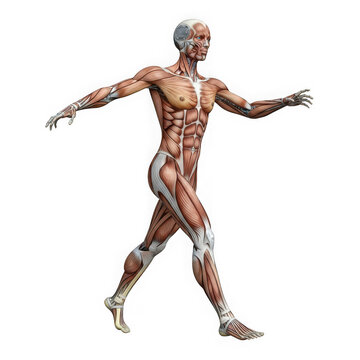 Anatomical human body showing muscle system in walking pose