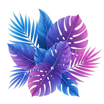 Colorful tropical palm leaves with gradient purple and blue