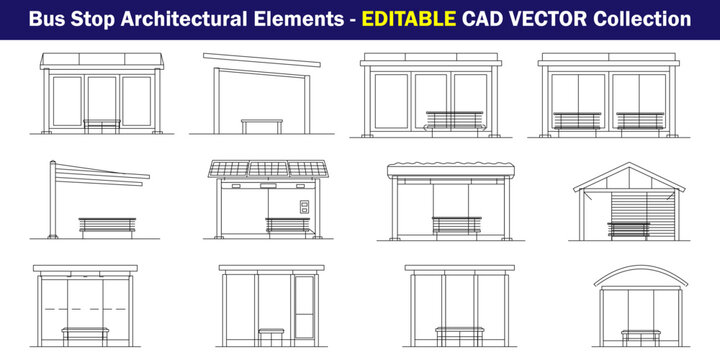 Bus Stop Shelter CAD Vector Collection with Architectural Elevations, Transit Canopies, Waiting Benches and Public Transport Structures for Urban Planning and Architectural Designs