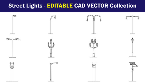 Street Light CAD Vector Collection with Urban Lamp Posts, Decorative Lanterns, Double Arm Lights, Solar Lighting and Roadside Fixtures for Architectural Designs and Landscape Planning