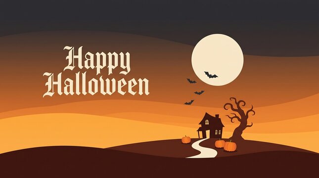 Happy halloween greeting banner with spooky house full moon bats and winding path flying bats orange background haunted house creepy landscape dead tree halloween celebration invitation