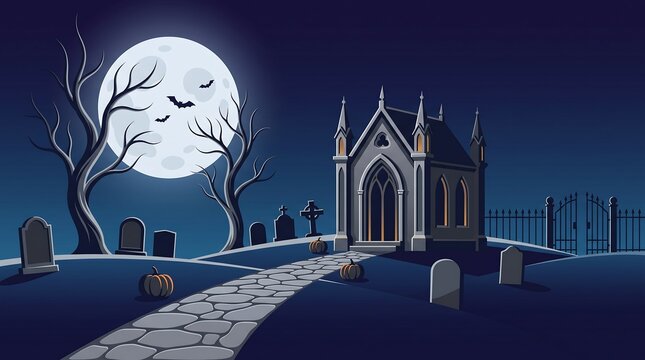 Spooky halloween graveyard landscape with haunted church full moon stone path and bats flying bats spooky night creepy trees blue background tombstones halloween scene halloween graveyard
