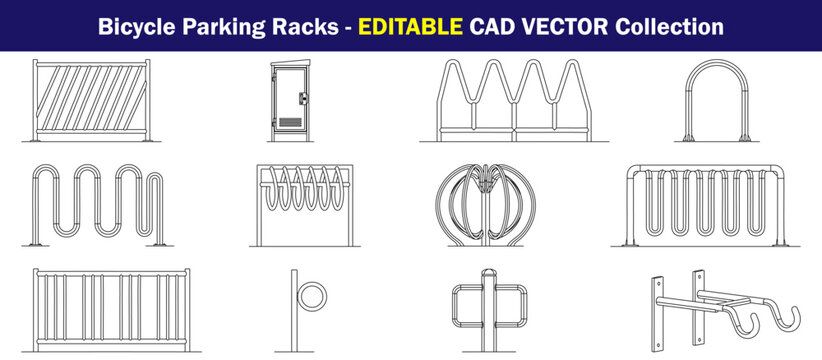 Bicycle Parking Rack CAD Vector Collection with Cycle Stands, Wave Racks, Hoop Racks, Wall Mounts and Secure Bike Storage Fixtures for Architectural Designs and Urban Planning