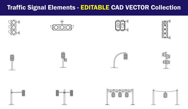 Traffic Signal Elements CAD Vector Collection with Road Lights, Pedestrian Signals, Intersection Poles, Gantries and Traffic Control Fixtures for Architectural Designs and Urban Planning