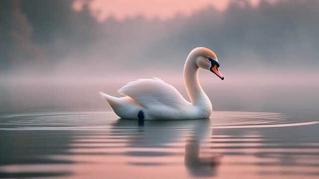 Graceful swan gliding across misty dawn lake