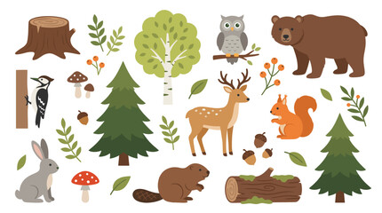 Obraz premium Forest nature themed element pack, flat woodland style, brown bear, deer, owl, squirrel, rabbit, trees, and mushrooms.