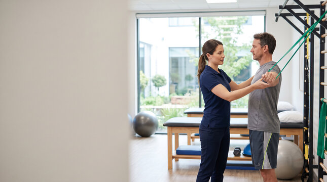 Physical therapist guides adult patient through rehabilitation exercise, demonstrating movement to support injury recovery, mobility, strength, patient care and physical therapy treatment.
