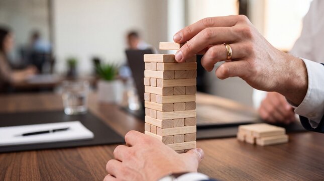 Businessman hand carefully placing a wooden block on of a jenga tower, risk management, ad social media download thambnail poster web template event festival 2026 2027 2028