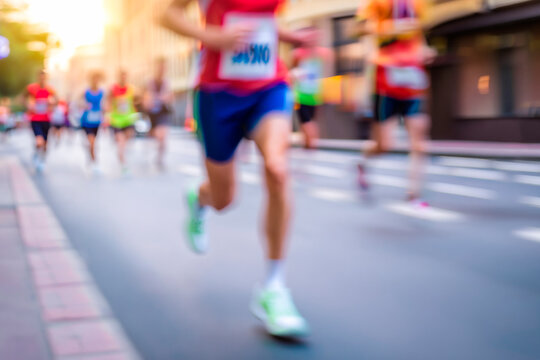 marathon runners in the city , motion blur