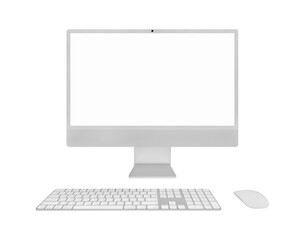 Fototapeta premium Front view modern silver desktop computer set isolated on white background, Empty screen