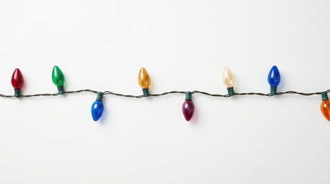 Colorful christmas light bulbs on a string isolated on white background