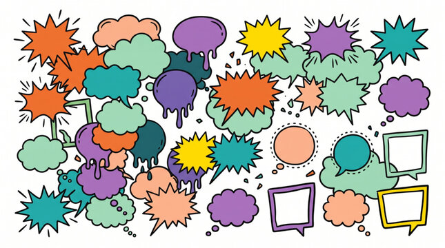 Hand drawn colorful speech bubbles and thought clouds set, comic book pop art style doodle elements with dripping paint and explosion bursts, retro talk chat frames and blank message clouds vector