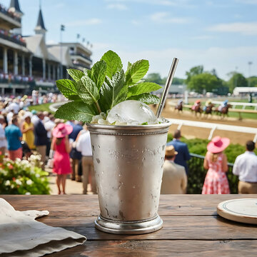 A refreshing Mint Julep in a classic silver julep cup, featuring a large ice sphere hidden within, garnished with an oversized mint bouquet. The setting is a sunny, outdoor horse-racing event backdrop