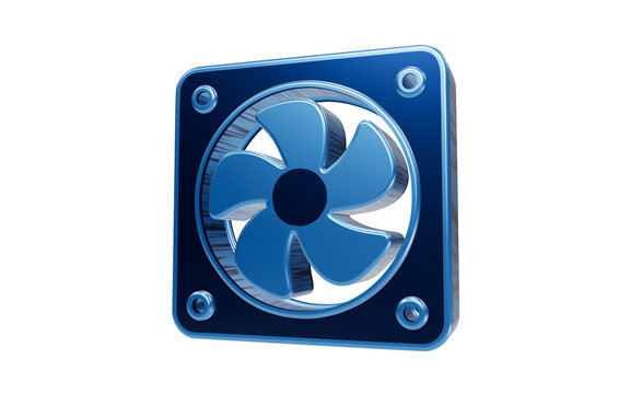 Blue Computer Fan: A metallic blue computer fan, isolated on a white background, signifies cooling and technology for digital systems.