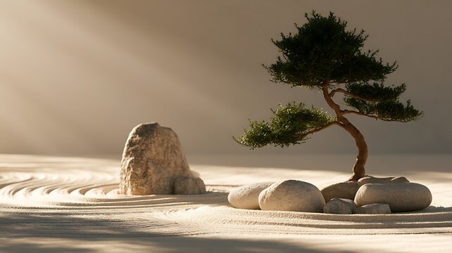Awesome photo of bonsai tree and stones in a zen sand garden.