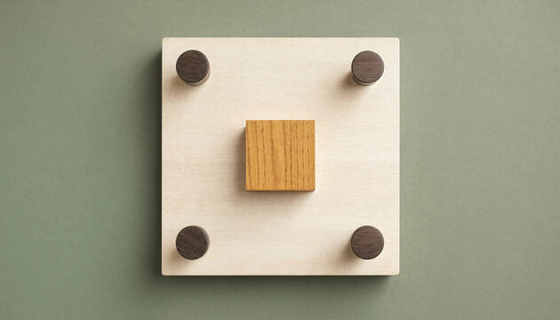 Wooden square centered on light wood board with four dark pegs symbolizing focus or strategic placement concept