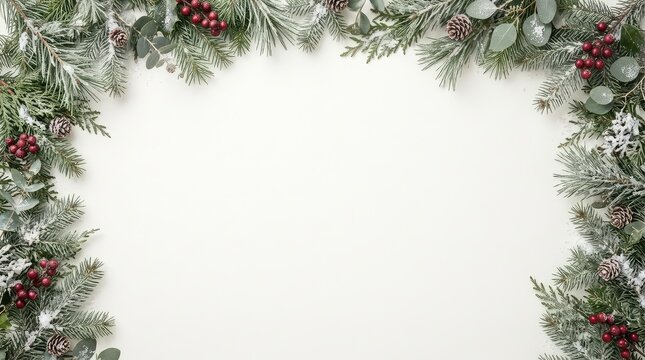 Christmas frame made of fir branches and red berries isolated on white background