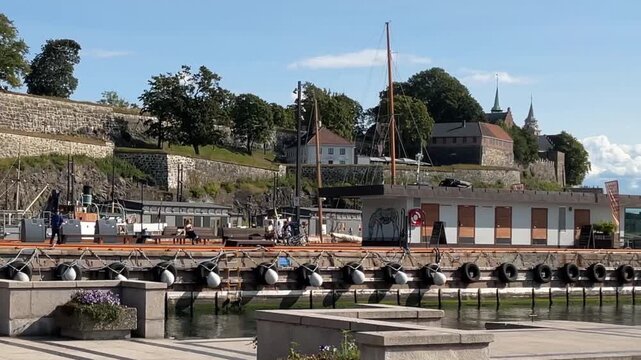 Akershus fortress in Oslo, Norway. The old 14th century fortress is perched on a hill in downtown Oslo and is a popular tourist destination.