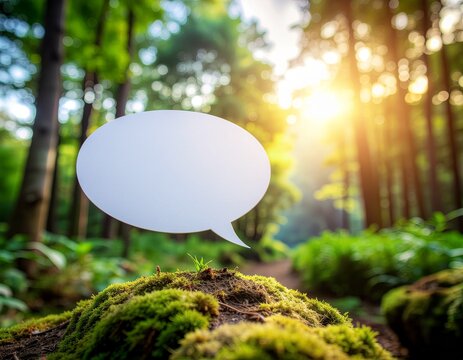 Blank speech bubble floating above a mossy forest floor with sunlight filtering through trees.