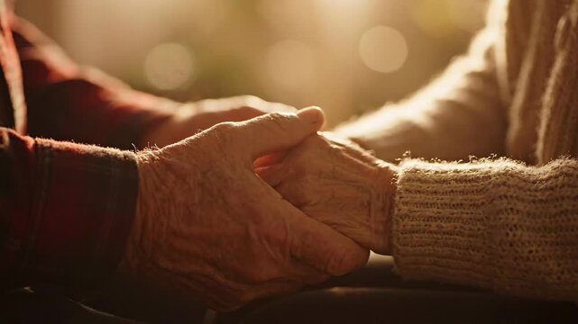Elderly Couple Holding Hands Tenderly to Represent Lifelong Connection and Compassionate Support in Golden Hour Warm Sunlight Atmosphere
