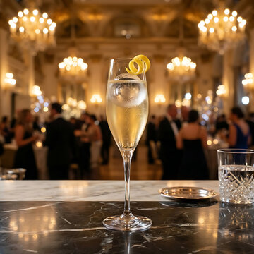 A sophisticated French 75, sparkling and crisp, with a large ice sphere and a lemon twist, served in a tall, elegant champagne flute. The setting is a high-end gala hall with golden chandelier reflect