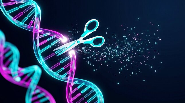 Glowing DNA helix cut by scissors with scattering binary code on dark background, gene editing and digital biology concept.