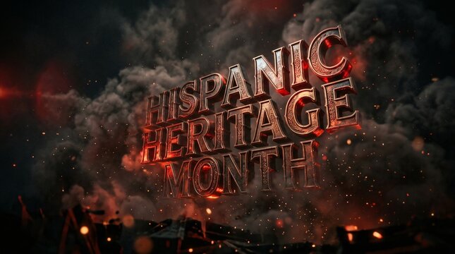 Texto 3D del Mes de la Herencia Hispana con letras ornamentadas, humo y chispas sobre fondo cinematogr&aacute;fico oscuro.
