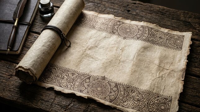 Ancient parchment scroll with decorative ethnic borders resting on a rustic wooden table beside a vintage leather journal and inkwell