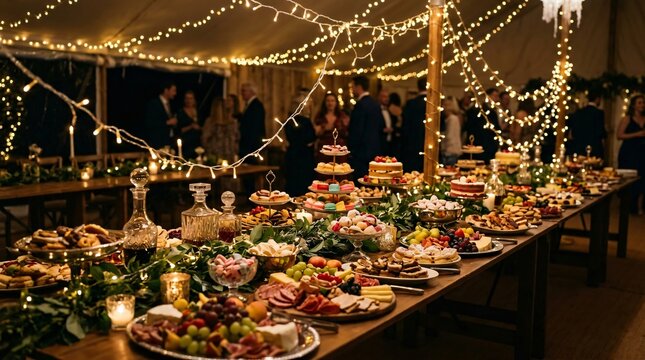 Mesa de banquete gourmet con postres, frutas y luces c&aacute;lidas en fiesta nocturna elegante, celebraci&oacute;n del Mes de la Herencia Hispana.