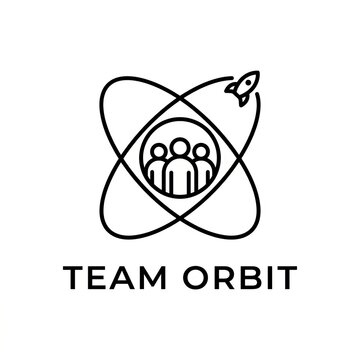 Creative teamwork logo with orbiting rocket and interconnected hands symbol.