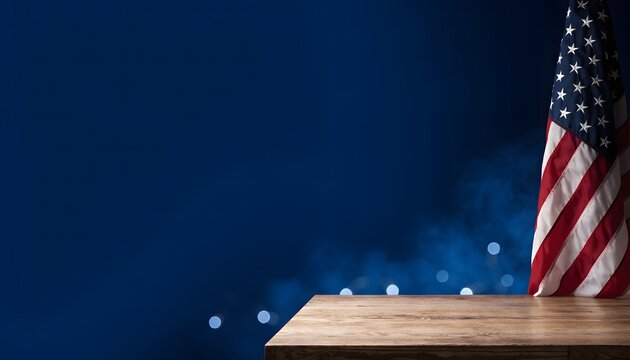 American flag on rustic table background.