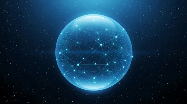 A glowing abstract sphere with interconnected nodes and lines represents a digital network or data visualization on a dark, starry background.