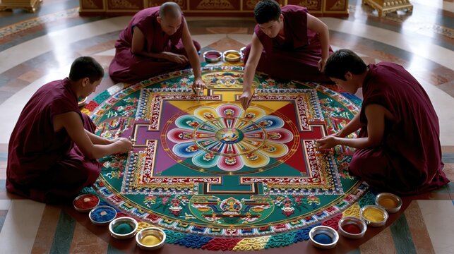 Monks creating a colorful sand mandala during a spiritual ceremony with focused precision and traditional rituals